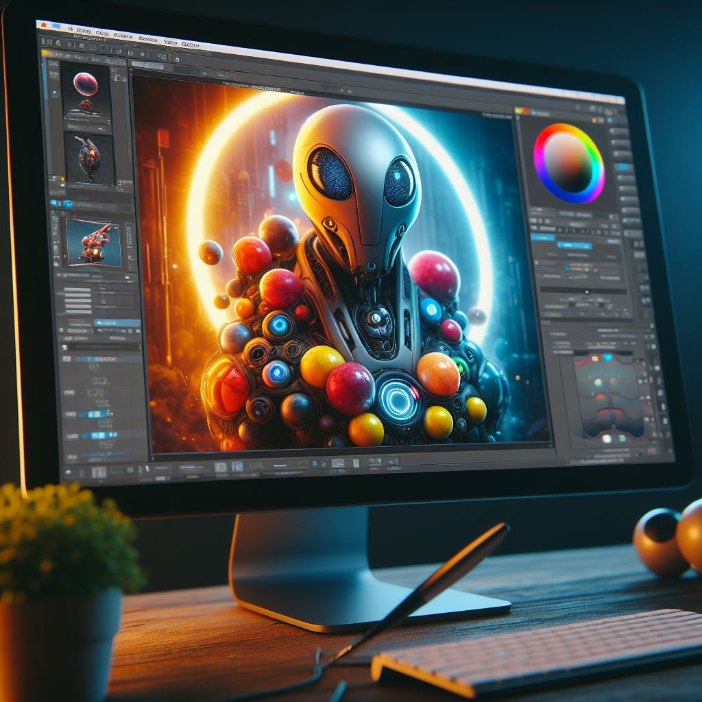 he image shows a computer monitor with an alien artwork and a desk with some objects. The alien has big eyes and metal parts, and is surrounded by colorful orbs. The desk has a plant, a pen, and three balls that match the orbs. The software is for graphic design or digital art. The image shows how digital art is made.