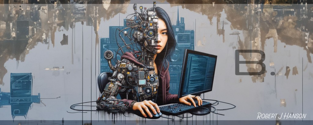 At its center stands a cyborg, with a head composed of intricate wires, gears, and circuits—clearly a fusion of technology and biology. Remarkably, the hands remain human, emphasizing the contrast. The cyborg is actively typing on a keyboard, connected to an open laptop displaying codes or data. The background features abstract outlines of urban structures, painted in white against a blue backdrop, evoking a sense of both creativity and decay. The artwork bears the name “ROBERT J HANSON,” indicating the artist. 