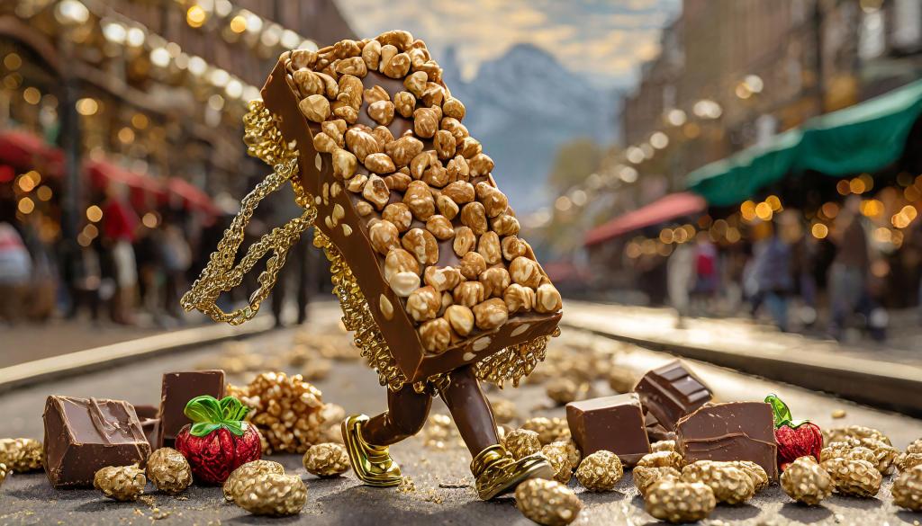  giant chocolate bar with hazelnuts comes to life, sporting arms and legs. It wears golden shoes and strides down a bustling city street. Broken chocolate pieces and golden-wrapped candies are scattered around, and a lone red strawberry stands out. The urban backdrop features twinkling lights, and the chocolate bar’s playful posture suggests it’s dancing through the city. 🍫🌃