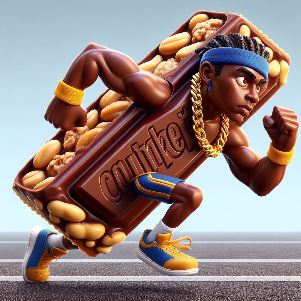  iconic candy bar features crunchy peanuts, smooth caramel and rich fudge, coated in a chocolatey shell running down the street wearing a jogging suit, gold chains and a headband